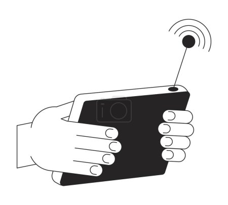 Illustration for Wireless control console flat monochrome isolated vector object. Hand holding device. Editable black and white line art drawing. Simple outline spot illustration for web graphic design - Royalty Free Image