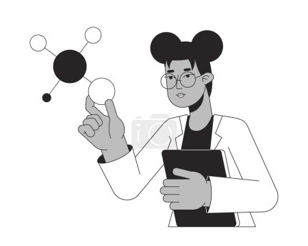 Illustration for Female scientist studying molecules bw concept vector spot illustration. Molecular biology 2D cartoon flat line monochromatic character for web UI design. Editable isolated outline hero image - Royalty Free Image