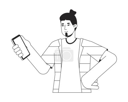 Illustration for Smiling caucasian man looking on smartphone flat line black white vector character. Editable outline full body person. Hand on waist simple cartoon isolated spot illustration for web graphic design - Royalty Free Image