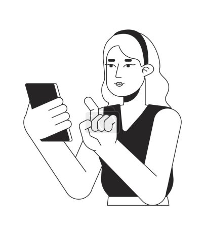 Femme pointant du doigt sur smartphone ligne plate noir blanc personnage vecteur. Plan modifiable moitié personne du corps. Travailler sur smartphone illustration spot isolé dessin animé simple pour la conception graphique web