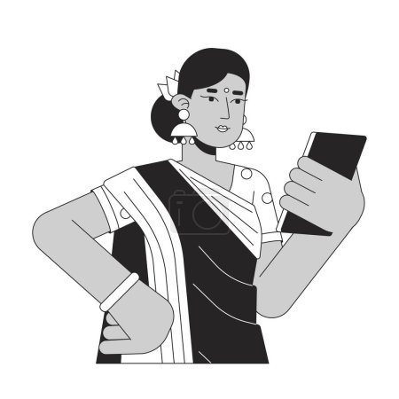 Téléchargez les illustrations : Femme indienne regardant sur smartphone ligne plate noir blanc personnage vecteur. Plan modifiable moitié personne du corps. Communication en ligne illustration de spot isolé de dessin animé simple pour la conception graphique web - en licence libre de droit