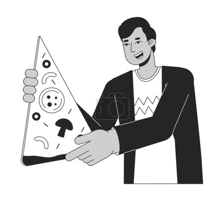 Ilustración de Hombre indio optimista con gran pizza rebanada plana línea negra vector blanco carácter. Esquema editable persona de medio cuerpo. Entrega de comida simple ilustración puntual de dibujos animados aislados para el diseño gráfico web - Imagen libre de derechos