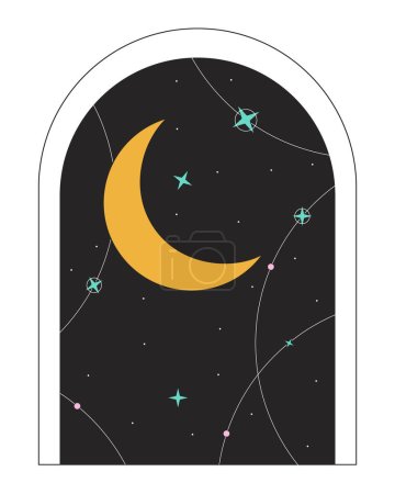 Cadre de porte Galaxy avec croissant lune plat couleur ligne isolée objet vectoriel. Astrologie magique. Image de clip art modifiable sur fond blanc. Illustration simple de dessin animé pour la conception web