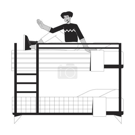 Illustration for Latino man sitting up in bunk bed flat line black white vector character. Editable outline full body person. Student in dorm waving hand simple cartoon isolated spot illustration for web design - Royalty Free Image