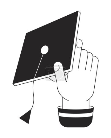 Illustration for Holding mortarboard hat flat line black white vector character hand. Editable outline person body part. Absolwent. Throwing graduation cap simple cartoon isolated spot illustration for web design - Royalty Free Image