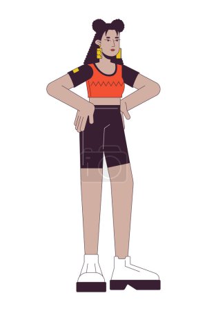 Illustration for Latina woman in workout clothes flat line color vector character. Editable outline full body person on white. Leggings young adult female simple cartoon spot illustration for web graphic design - Royalty Free Image