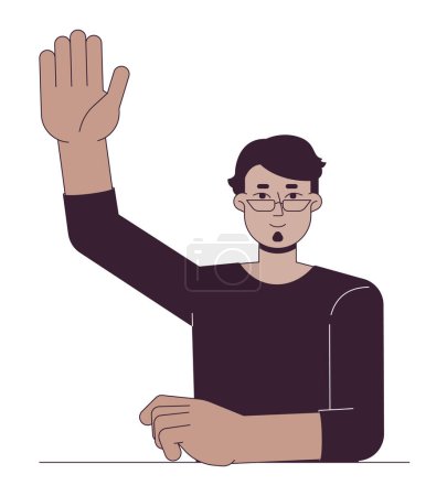Illustration for College arab student with single hand raised flat line color vector character. Editable outline half body person on white. Asking questions simple cartoon spot illustration for web graphic design - Royalty Free Image