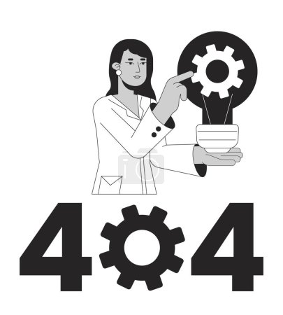 Illustration for Mechanics science black white error 404 flash message. Busy woman turns cogwheel. Monochrome empty state ui design. Page not found popup cartoon image. Vector flat outline illustration concept - Royalty Free Image