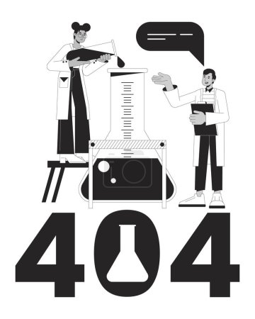 Illustration for Science experiment black white error 404 flash message. Pouring liquid to flask. Monochrome empty state ui design. Page not found popup cartoon image. Vector flat outline illustration concept - Royalty Free Image