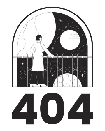Illustration for Space exploration black white error 404 flash message. Woman looking on universe. Monochrome empty state ui design. Page not found popup cartoon image. Vector flat outline illustration concept - Royalty Free Image