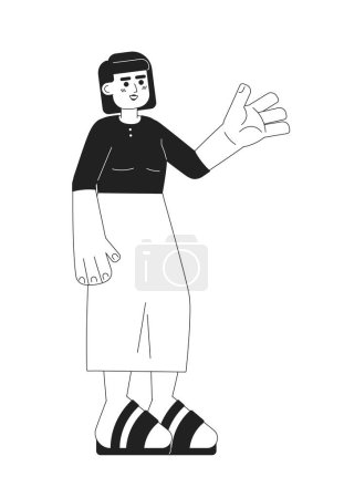 Illustration for Cheerful asian woman monochromatic flat vector character. Editable full body person in midi skirt and bob hairstyle on white. Simple bw cartoon spot image for web graphic design - Royalty Free Image