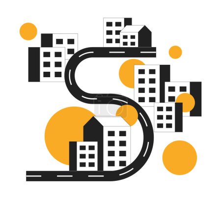 Illustration for Serpentine road through city monochrome flat vector object. Residential buildings. Editable black and white thin line icon. Simple cartoon clip art spot illustration for web graphic design - Royalty Free Image