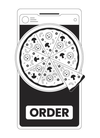 Téléchargez les illustrations : Commander pizza par smartphone bw concept vectoriel spot illustration. Utilisation gadget pour acheter de la nourriture 2D dessin animé plat objet monochromatique pour la conception de l'interface utilisateur Web. Image de héros de contour isolé modifiable - en licence libre de droit