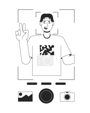 Illustration for Man showing v sign and taking photo bw concept vector spot illustration. Selfie 2D cartoon flat line monochromatic character for web UI design. Editable isolated outline hero image - Royalty Free Image