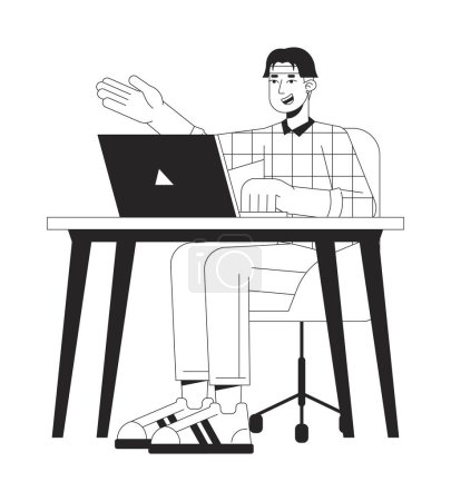 Illustration for University student sitting at table flat line black white vector character. Editable outline full body person. Student desk laptop simple cartoon isolated spot illustration for web design - Royalty Free Image