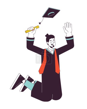 Illustration for Jumping graduate male caucasian flat line color vector character. Editable outline full body person on white. Happy student in academic dress simple cartoon spot illustration for web graphic design - Royalty Free Image