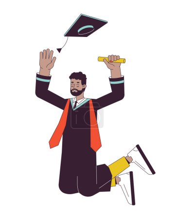Illustration for Jumping male student in graduation gown flat line color vector character. Editable outline full body person on white. Graduate holding diploma simple cartoon spot illustration for web graphic design - Royalty Free Image