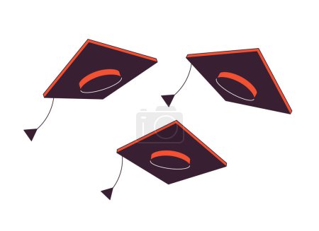 Illustration for Square academic caps flat line color isolated vector object. Graduation caps flying in air. Editable clip art image on white background. Simple outline cartoon spot illustration for web design - Royalty Free Image
