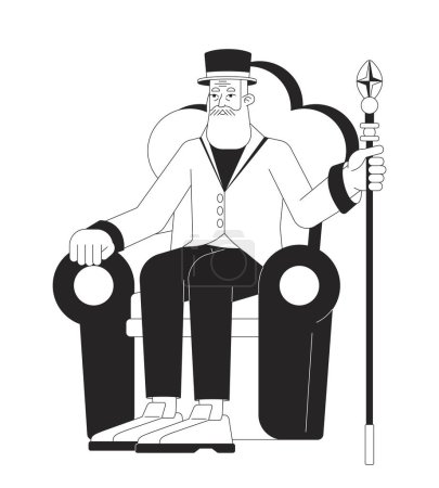 Illustration for Lord sitting in chair flat line black white vector character. Editable outline full body rich person holding wizard staff. Simple cartoon isolated spot illustration for web graphic design - Royalty Free Image