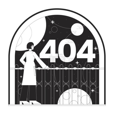 Ilustración de Astronomía femenina error blanco negro 404 mensaje flash. Científico observa el cielo. Monocromo vacío estado ui diseño. Página no encontrada imagen de dibujos animados emergente. Vector esquema plano concepto de ilustración - Imagen libre de derechos