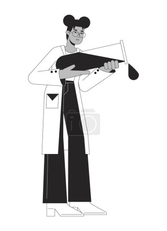Illustration for Scientist pouring liquid from tube flat line black white vector character. Chemical experiment. Editable outline full body person. Simple cartoon isolated spot illustration for web graphic design - Royalty Free Image