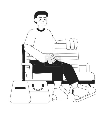 Illustration for Excited indian man on wooden bench monochromatic flat vector character. Editable full body person with handbag waiting on white. Simple bw cartoon spot image for web graphic design - Royalty Free Image