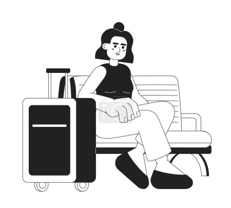 Téléchargez les illustrations : Fille latino-américaine avec des bagages assis monochromatique vecteur plat caractère. Editable personne du corps entier va en vacances sur blanc. Image simple de tache de dessin animé bw pour la conception graphique Web - en licence libre de droit