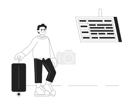 Téléchargez les illustrations : Voyageur hispanique avec valise monochromatique à vecteur plat. Editable personne de corps entier regardant sur l'affichage avec l'horaire sur blanc. Image simple de tache de dessin animé bw pour la conception graphique Web - en licence libre de droit