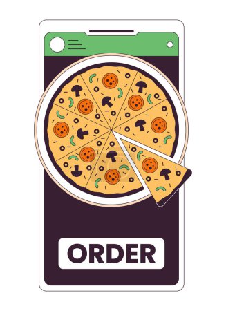 Téléchargez les illustrations : Commander pizza par smartphone plat concept vectoriel illustration spot. Utilisation gadget pour acheter de la nourriture 2D dessin animé objet contour sur blanc pour la conception de l'interface utilisateur Web. Image de héros couleur isolée modifiable - en licence libre de droit
