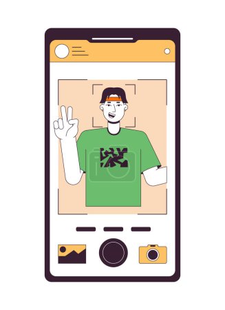 Illustration for Taking photo on front camera flat line concept vector spot illustration. Using gadget 2D cartoon outline object on white for web UI design. Editable isolated color hero image - Royalty Free Image