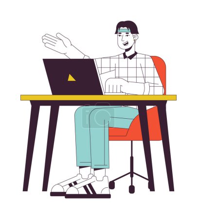 Illustration for University student sitting at table flat line color vector character. Editable outline full body person on white. Student desk laptop simple cartoon spot illustration for web graphic design - Royalty Free Image