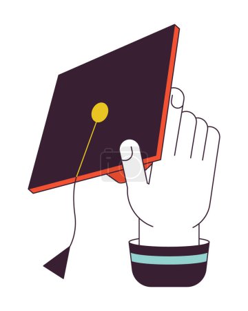 Illustration for Holding mortarboard hat flat line color vector character hand. Editable outline person body part on white. Absolwent. Throwing graduation cap simple cartoon spot illustration for web graphic design - Royalty Free Image