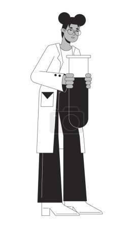 Illustration for Scientist holding test tube flat line black white vector character. Chemical experiment. Editable outline full body person. Simple cartoon isolated spot illustration for web graphic design - Royalty Free Image