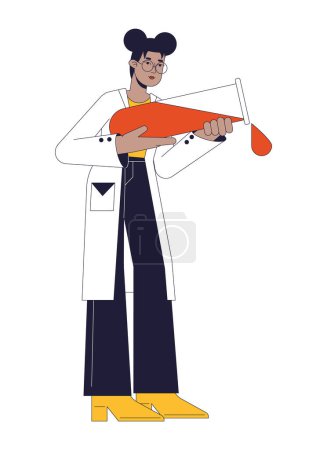 Illustration for Scientist pouring liquid from tube flat line color vector character. Chemical experiment. Editable outline full body person on white. Simple cartoon spot illustration for web graphic design - Royalty Free Image