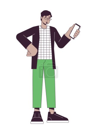 Ilustración de Hombre musulmán comprar billete por teléfono inteligente línea plana color vector carácter. Esquema editable persona de cuerpo completo en blanco. Uso de gadges simple ilustración spot de dibujos animados para el diseño gráfico web - Imagen libre de derechos