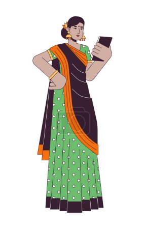 Ilustración de Mujer india en sari utilizando gadget línea plana vector de color carácter. Esquema editable persona de cuerpo completo en blanco. Entrada de compra en línea ilustración simple punto de dibujos animados para el diseño gráfico web - Imagen libre de derechos