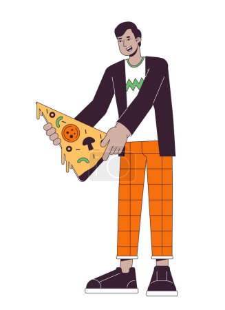 Ilustración de Hombre feliz sosteniendo pizza rebanada plana línea color vector carácter. Esquema editable persona de cuerpo completo en blanco. Comida en línea que ordena la ilustración simple del punto de la historieta para el diseño gráfico web - Imagen libre de derechos