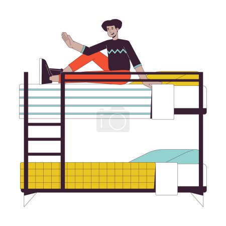Illustration for Latino man sitting up in bunk bed flat line color vector character. Editable outline full body person on white. Student in dorm waving hand simple cartoon spot illustration for web graphic design - Royalty Free Image