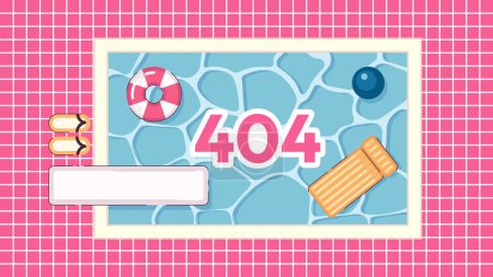 Illustration for Swimming pool error 404 flash message. Lounge zone. Pool party. Website landing page ui design. Not found cartoon image, cute vibes. Vector flat illustration concept with kawaii anime background - Royalty Free Image