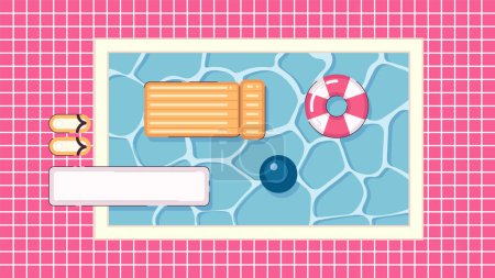 Illustration for Swimming pool cute kawaii lo fi background. Relaxing zone. Floating mattress on water 2D vector cartoon exterior illustration, lofi aesthetic wallpaper desktop. Japanese anime scenery, dreamy vibes - Royalty Free Image
