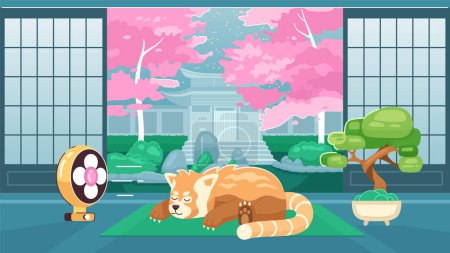 Illustration for Sleeping bear cute chill lo fi wallpaper. Japanese interior. Relaxing. Red panda chilling near fan 2D vector cartoon characters illustration, lofi anime background. 90s kawaii aesthetic, dreamy vibes - Royalty Free Image
