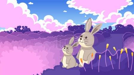 Illustration for Kawaii rabbits cute chill lo fi wallpaper. Bunnies sitting on grass, looking on sky. Pretty animals 2D vector cartoon characters illustration, lofi anime background. 90s kawaii aesthetic, dreamy vibes - Royalty Free Image