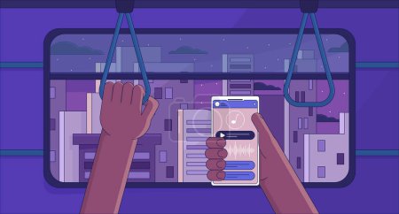 Illustration for Subway music lo fi aesthetic wallpaper. Listening to music in public transport. View from window 2D vector cartoon cityscape illustration, purple lofi background. 90s retro album art, chill vibes - Royalty Free Image