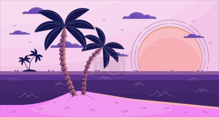 Illustration for Bay lo fi aesthetic wallpaper. Sunset near ocean. Small island. Beach with palm tree and sand 2D vector cartoon landscape illustration, purple lofi background. 90s retro album art, chill vibes - Royalty Free Image