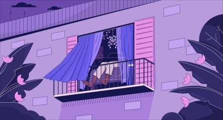 Illustration for Relax on balcony lo fi aesthetic wallpaper. Opened window. Curtains blowing in wind 2D vector cartoon interior illustration, purple lofi background. 90s retro album art, chill vibes - Royalty Free Image