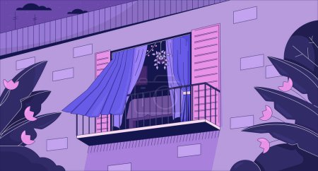 Illustration for Curtains blowing in wind from opened window chill lo fi background. Balcony 2D vector cartoon exterior illustration, purple lofi wallpaper desktop. Sunset aesthetic 90s retro art, dreamy vibes - Royalty Free Image