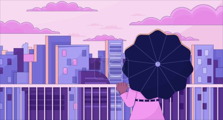 Illustration for Observation deck lo fi aesthetic wallpaper. Girl on terrace with umbrella looking on city. Sunset 2D vector cartoon cityscape illustration, purple lofi background. 90s retro album art, chill vibes - Royalty Free Image