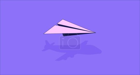 Illustration for Flying paper plane lo fi aesthetic wallpaper. Shadow of plane. Origami hobby. Traveling 2D vector cartoon object illustration, purple lofi background. 90s retro album art, chill vibes - Royalty Free Image