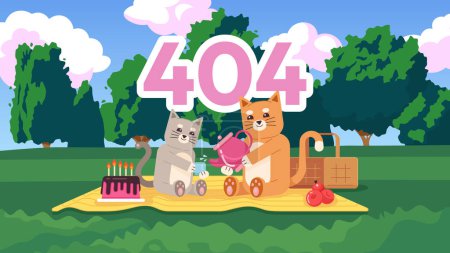 Illustration for Kittens in picnic cute chill lo fi wallpaper error 404 flash message. Drinking tea in park. Page not found cartoon characters illustration, lofi anime background. 90s kawaii aesthetic, dreamy vibes - Royalty Free Image