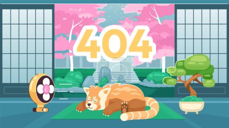 Illustration for Sleeping red panda error 404 flash message. Wild animal near fan. Website landing page ui design. Not found cartoon image, cute vibes. Vector flat illustration concept with kawaii anime background - Royalty Free Image